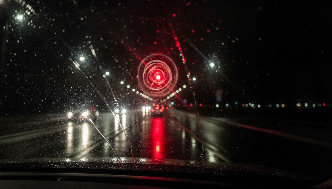 Simulated night driving view showing concentric glowing rings, or halos, around a traffic light and oncoming headlights.