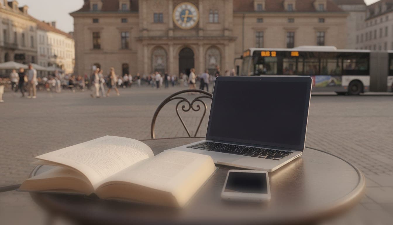 Simulated view through a monofocal intraocular lens: a distant clock tower and bus are sharp, while a book and phone on the table in the foreground are blurred and unreadable.