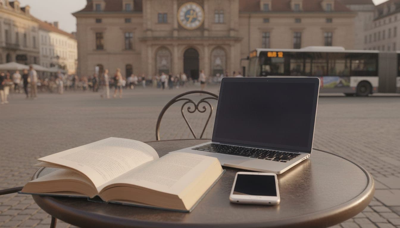 Simulated view through a trifocal intraocular lens: the book and phone in the foreground, the laptop at arm's length and the distant clock tower and bus are all in focus at the same time.